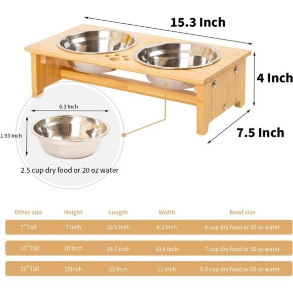 Raised Pet Bowls for Cats and Small Dogs, Bamboo Elevated Dog Cat Food Bowls - Picture 2 of 7
